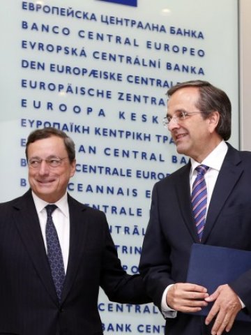 <p>
	Президентът на ЕЦБ Марио Драги и гръцкият премиер Андонис Самарас. <em>Снимка: Ройтерс</em></p>

