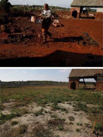 <p>
	Фермер изхвърля токсична червена кал от земите си след разлива. На снимката долу: земята преди разлива. <em>Снимка: Ройтерс</em></p>

