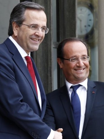 <p>
	<em>Френският премиер Франсоа Оланд и гръцкият&nbsp; премиер Андонис Самарас. Снимка: Ройтерс</em></p>
