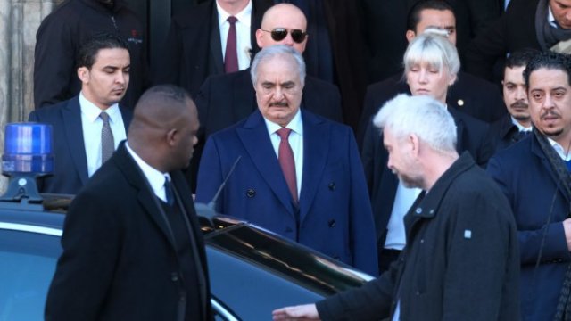 <p>
	Халифа Хафтар по време на мирните преговори в Берлин през януари. Снимка: Getty</p>
