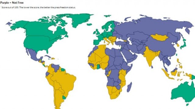 <p>
	В държавите в зелено медиите са най-свободни, в жълто са частично свободни, а в лилаво са несвободни. <em>Илюстрация: Freedom House</em></p>
