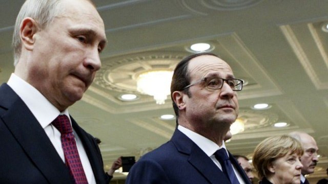 <p>
	Путин, Оланд и Меркел на една от предишните им срещи. <em>Снимка: архив, Ройтерс</em></p>
