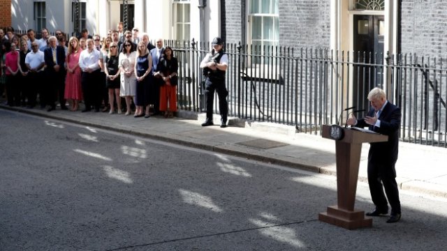 <p>
	Първото изявление на Джонсън каро премиер. <em>Снимка: Ройтерс</em></p>
