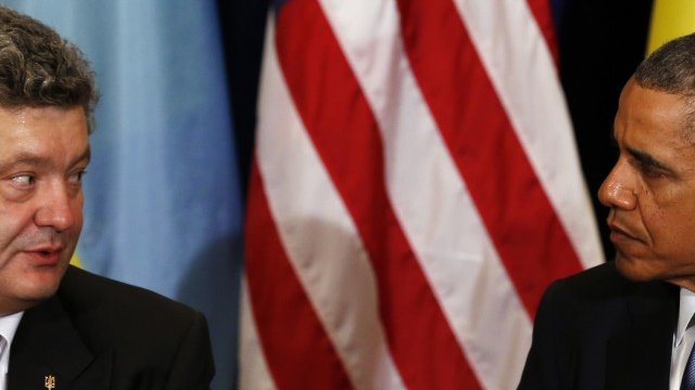 <p>
	Първата среща между новоизбрания президент на Украйна Петро Порошенко и Барак Обама. <em>Снимка: Ройтерс</em></p>
