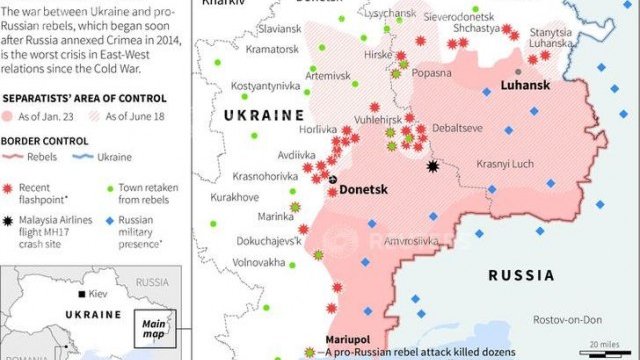 <p>
	Карта на зоните на контрол в конфликта в Източна Украйна. <em>Източник: Ройтерс</em></p>
