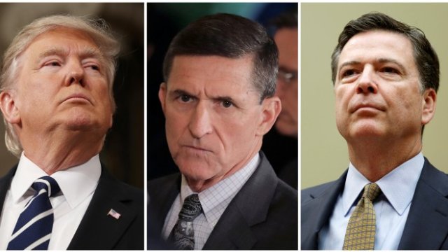 <p>
	Доналд Тръмп,&nbsp;Майкъл Флин и Джеймс Коми (от ляво надясно). <em>Снимка: Ройтерс</em></p>

