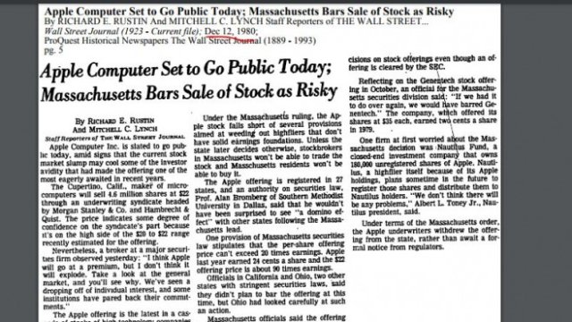 <p>
	Новината за листването на Apple е отразена от Wall Street Journal с дописка на 12 страница. Снимка: WSJ</p>
