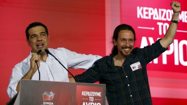 <p>
	Възходът на популизма в Гърция - лидерът на Сириза Алексис Ципрас (вляво) с лидера на &quot;Подемос&quot; Пабло Иглесиас. Снимка: <em>архив Ройтерс</em></p>
