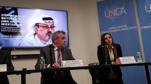 <p>
	Пресконференция на ООН по повод изчезването на саудитския журналист Джамал Кашоги. <em>Снимка: Ройтерс</em></p>
