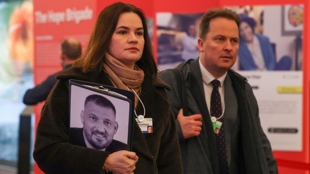 Лидерът на беларуската опозиция Святлана Цихановска на Световния икономически форум в Давос. Снимка: Hollie Adams/Bloomberg