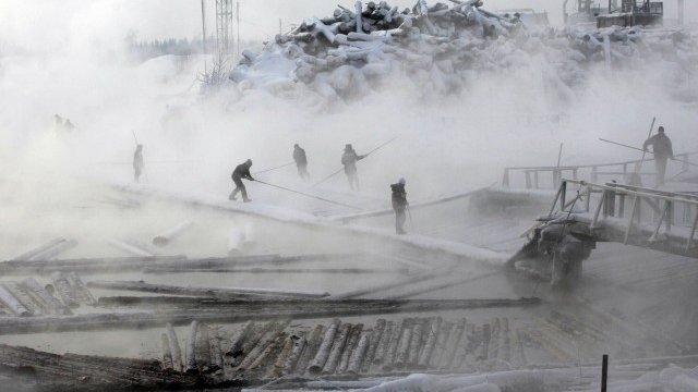 <p>
	Работници обработват дървесина в Сибир при -49 градуса по Целзий. <em>Снимка: Ройтерс</em></p>
