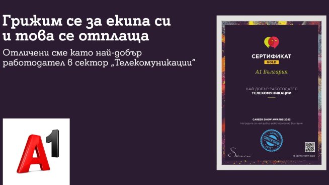 А1 - най-добрият работодател в сектора на телекомуникациите според Career Show Awards 2022