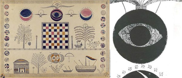 
	През 1950 г. Алексей Бродович, известният арт директор на списание Harper&rsquo;s Bazaar, напуснал, за да създаде ново списание. То било посветено на графичния дизайн и се казвало Portfolio. В първия му брой имало статия за рисунките на последователите на американската религиозна секта на шейкърите от средата на 19 век. Общността била известна с това, че нейните поддръжници изобразявали духовните си видения чрез на рисунки.
	
	Детайл от една от тези рисунки, приличащ на всевиждащо око, очевидно вдъхновил много един от читателите на Portfolio. Той се казвал Уилям Голдън и тогава бил творчески директор на американския телевизионен канал CBS. През следващата година Голдън бил ангажиран със задачата да измисли ново лого на теливизията, като едно от първите му предложения била стилизирана версия на въпросното око. Оттогава то е официалното лого на CBS.
