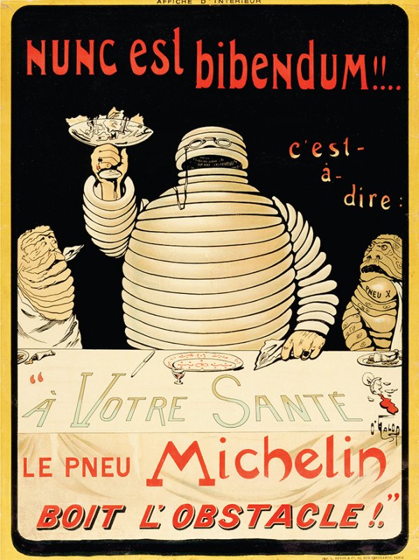
	Симпатичното дебело човече на Michelin започва своя &ldquo;живот&rdquo; през 1898 г. Bibendum, както е официалното му име, не винаги е било усмихнато и дружелюбно. В ранните години от развитието си талисманът изглежда като плашеща мумифицирана пияница. На постера, с който Michelin представя новото си лого, Bibendum вдига тост с чаша шампанско и носи на главата си очила с верижка, а на масата пред него има прибори за хранене и надпис &ldquo;Наздраве&rdquo;. Слоганът пък гласи: &ldquo;Гумите Michelin изпиват препятствията!&rdquo; След появата на въпросният плакат, човечето се сдобива с непопулярния сред ръководството на Michelin прякор &ndash; уличният пияница.
