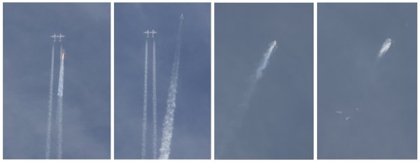 
	Комбинация от снимки показва взривяването на SpaceShipTwo при отделянето от самолета, който го издига на 31 октомври. Снимки: Ройтерс
