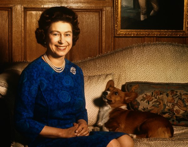 Британската кралица Елизабет II се усмихва лъчезарно по време на фотосесия в салона на къщата Сандрингам. Снимка: Getty 
