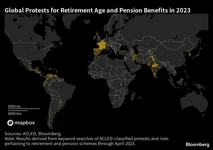 Протести в света заради пенсии и пенсионна възраст през 2023 г. Графика: Bloomberg 