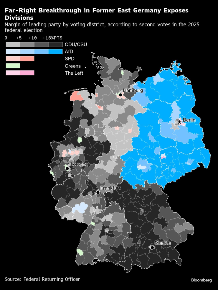 Карта на Германия, на която се вижда напредъка на "Алтернатива за Германия" по време на изборите. Графика: Bloomberg