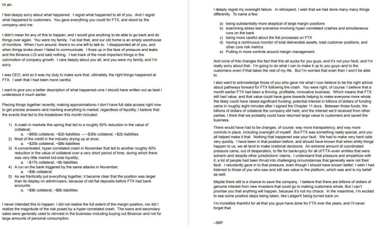 Копие от писмото на Сам Банкман-Фрийд до служителите му, видяно от Bloomberg.