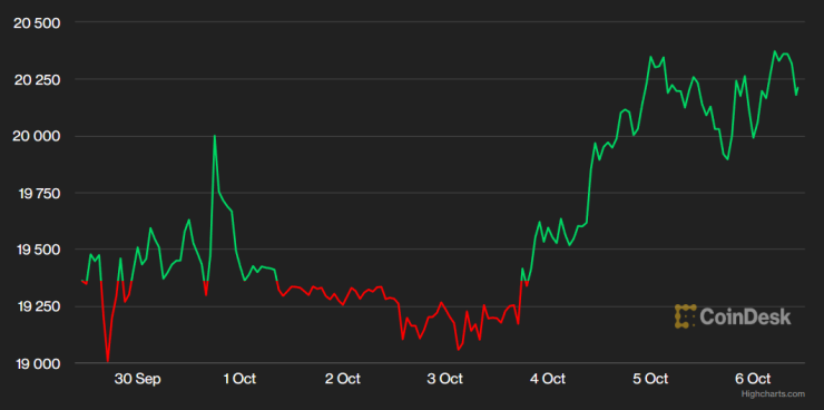 Цената на биткойна през последната седмица. Графика: CoinDesk