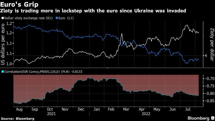Движение на стойността на злотата спрямо еврото за последната година. Източник: Bloomberg L.P.