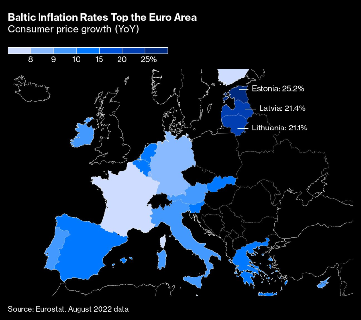 Инфлацията в балтийските страни се ускорява по-бързо, отколкото в еврозоната. Графика: Bloomberg LP