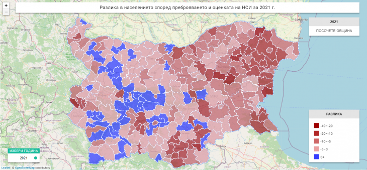 Разлика в населението според преброяването и оценката на НСИ за 2021 г. Графика: ИПИ