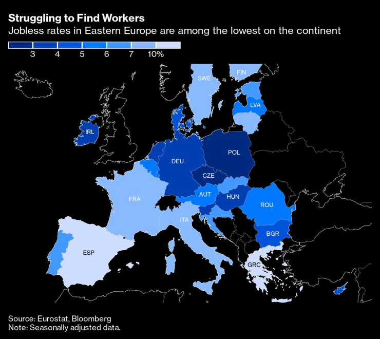 Безработицата в Източна Европа е сред най-ниските на Стария континент. Карта: Bloomberg