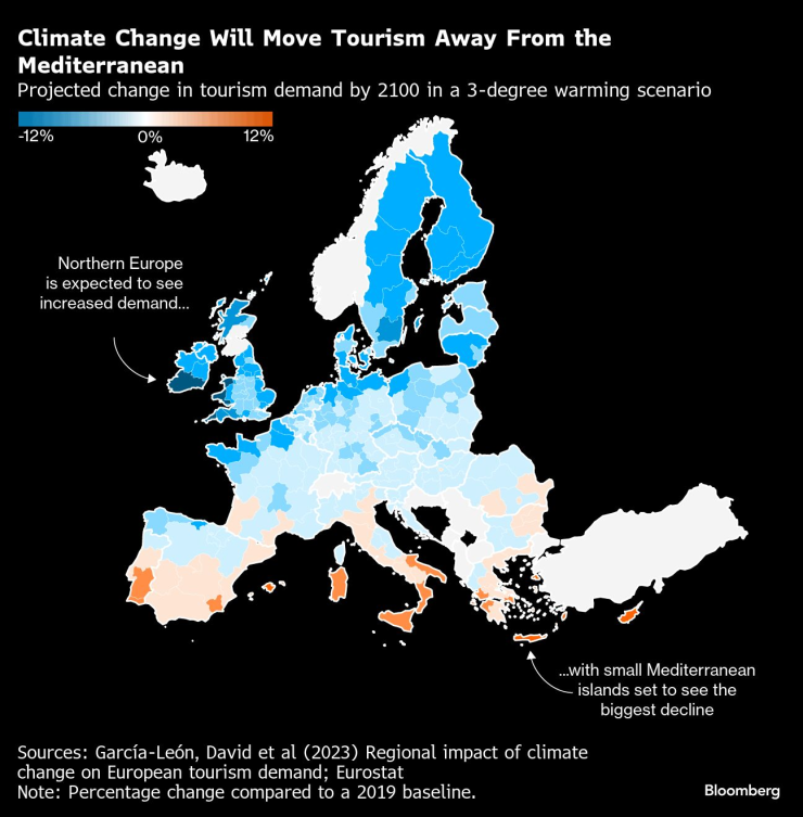 Изменението на климата ще изтласка туризма от Средиземноморието. Карта: Bloomberg LP