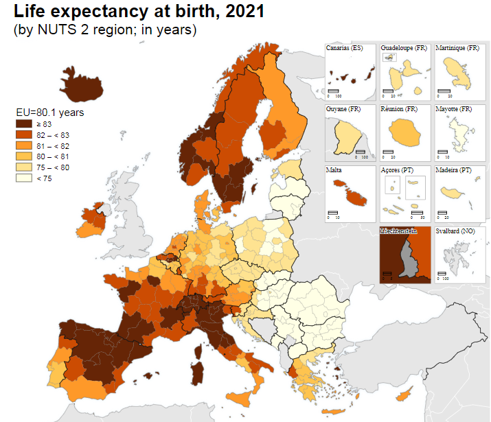 Очаквана продължителност на живота при раждане в ЕС по региони, 2021 г. Графика: Евростат