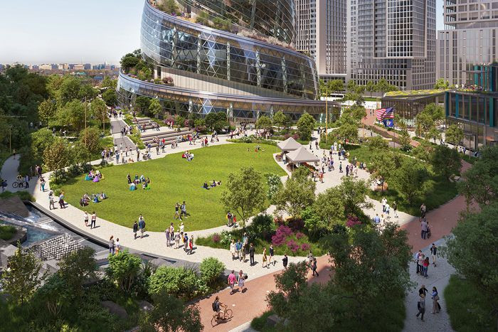 Визуализация на част от планираната втора централа на Amazon в Арлингтън. Илюстрация: Amazon