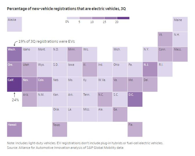 Дял на електромобилите от общите продажби в САЩ според щата. Източник: WSJ