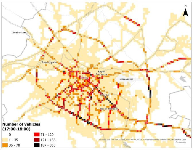 Пространствено разпределение на броя на леките автомобили през делнични дни 17:00–18:00. Избраните часове представляват периодите с най-висока интензивност на трафика. Източник: GATE