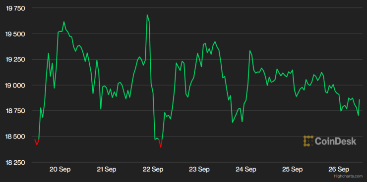 Цената на биткойна през последната седмица. Графика: CoinDesk