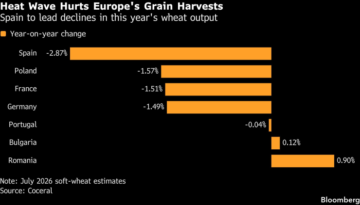 Годишно изменение в производството на пшеница по страни. Графика: Bloomberg LP