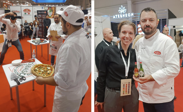 Ляво: Международно състезание по пица в София с участие на Tabasco. Дясно: Бранд мениджърът на Tabasco - Даниела Данаилова, с Чиприян Замфир, член на журито. Снимки: Avendi