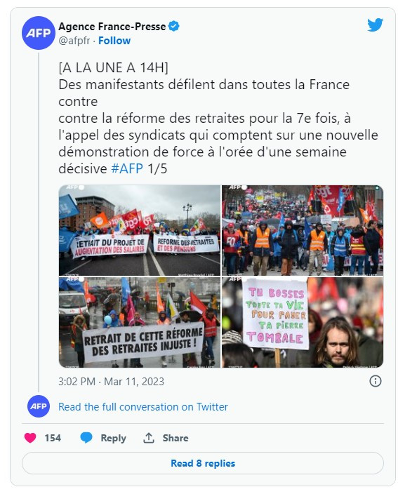 Протестиращи срещу пенсионната реформа на Макрон. Източник: Agence France-Presse