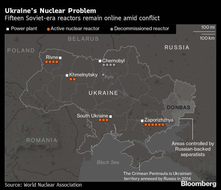 Ядрените централи на Украйна. Източник: Bloomberg