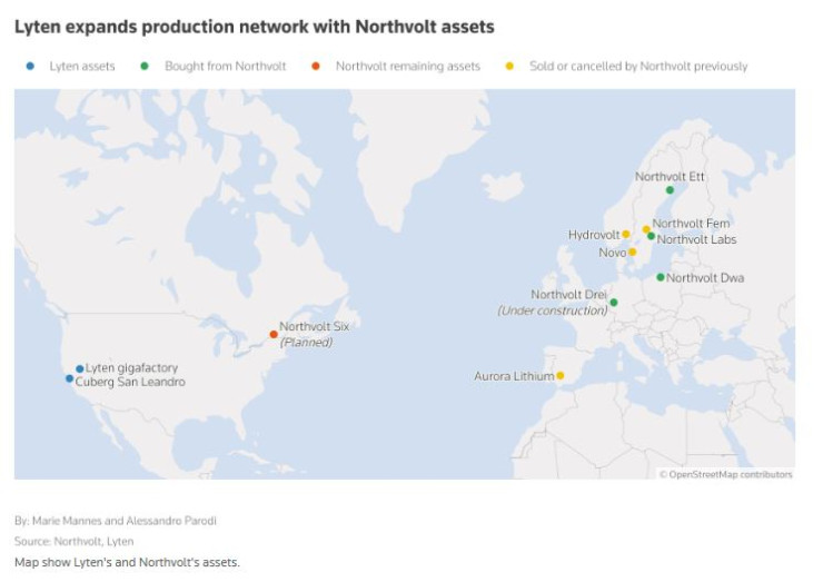 Производствени активи на Lyten и Northvolt в глобален план. Източник: Ройтерс