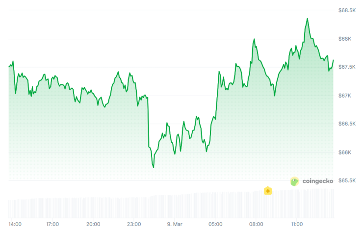Цената на биткойна през последното денонощие. Графика: CoinGecko