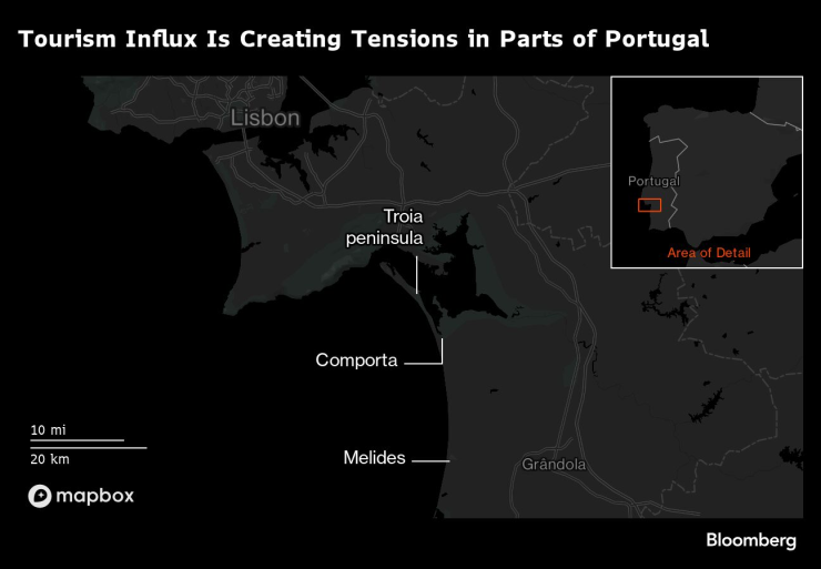 Притокът на туристи създава напрежение в части от Португалия. Графика: Bloomberg LP