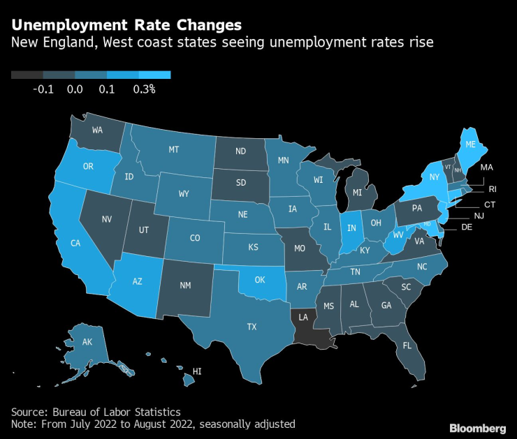 Щатите по Източното и Западното крайбрежие отчитат най-голям ръст на безработицата. Източник: Bloomberg