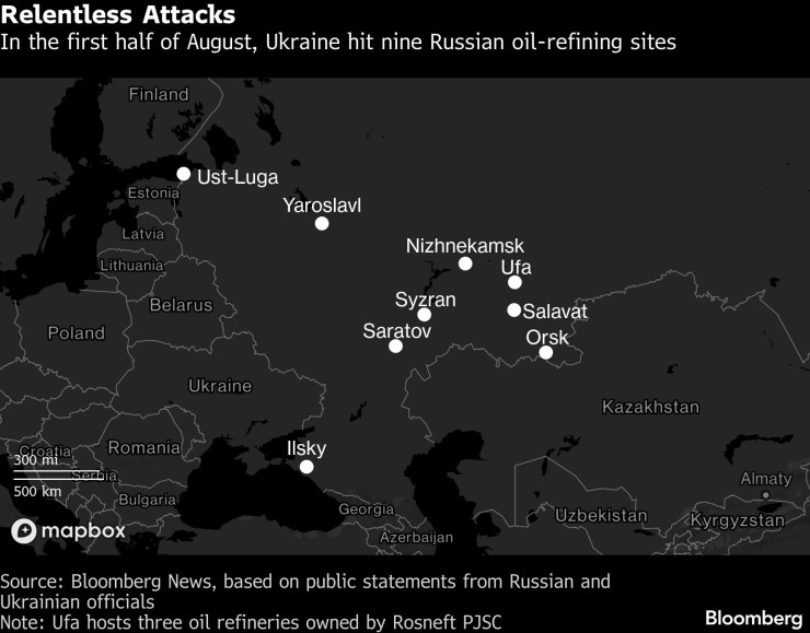 Атакуваните руски рафинерии през август. Графика: Bloomberg