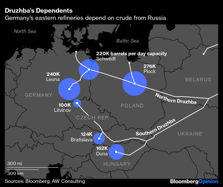 Трасето на петролопровода "Дружба". Графика: Bloomberg