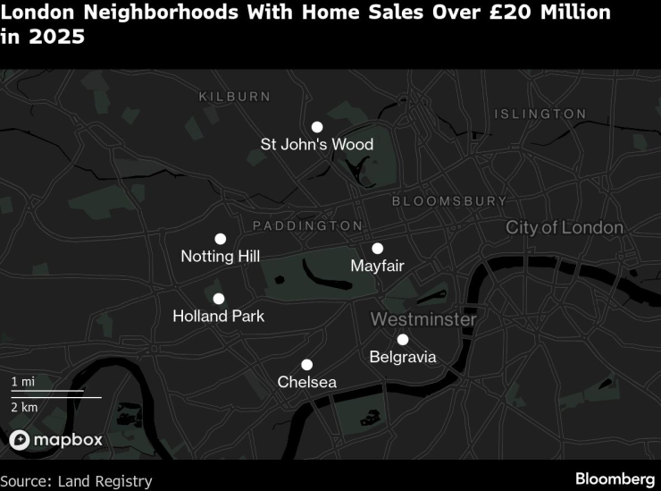 Квартали в Лондон с продажби на жилища на цена над 20 млн. паунда през 2025 г. Графика: Bloomberg LP