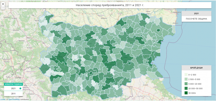 Население на България според преброяванията през 2011 и 2021 г. Графика: ИПИ