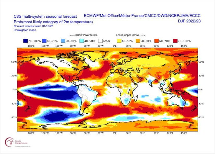 Сезонната прогноза на "Коперник" за целия свят. Графика: "Коперник"/ Bloomberg	