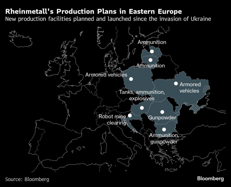 Производствените съоръжения на Rheinmetall в Източна Европа. Карта: Bloomberg