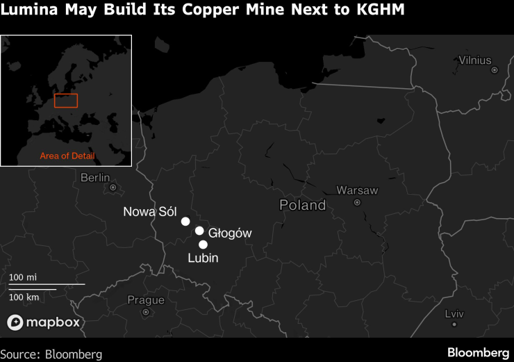 Lumina може да изгради медната си мина близо до KGHM. Карта: Bloomberg LP