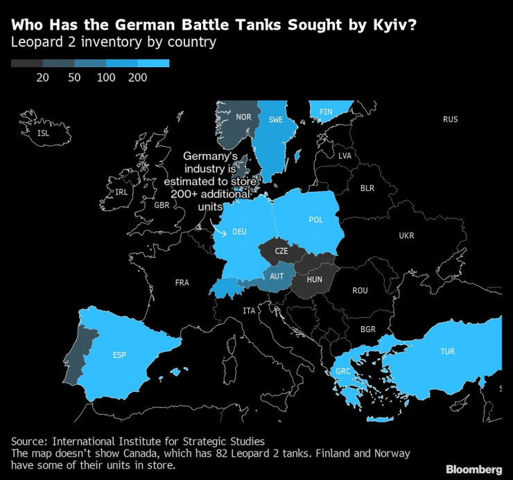 Европейските държави, които притежават германски танкове "Леопард". Източник: Bloomberg